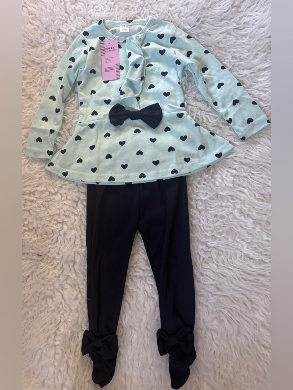 Mint with Little Black Hearts Top & Black Bow w/ matching Leggings Set